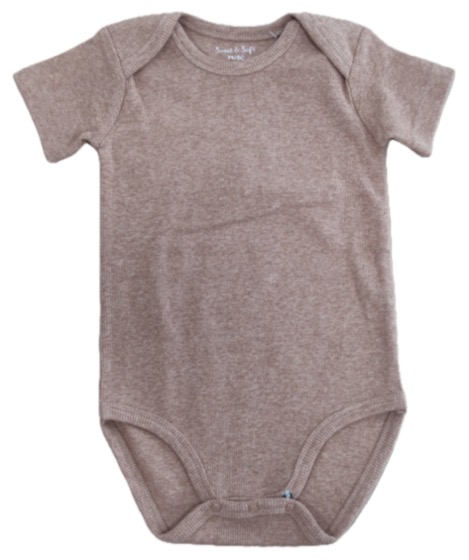 Beige ribbed short-sleeve baby bodysuit with snap crotch