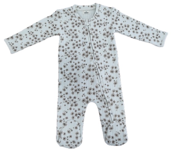 White floral footed baby sleepsuit with diagonal zip