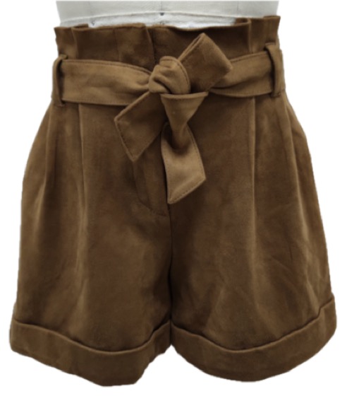 Brown faux-suede paperbag-waist shorts with tie belt