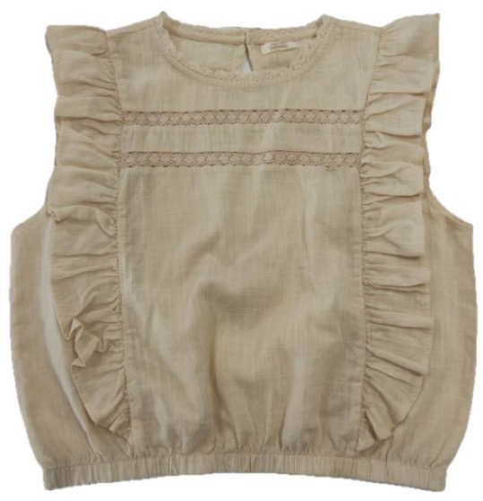 Cream sleeveless blouse with ruffle trim and lace