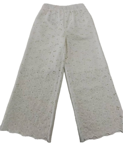 White broderie anglaise wide-leg trousers, scalloped hem