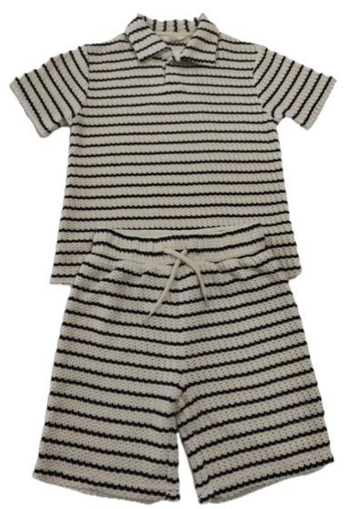 Striped crochet knit polo shirt and shorts set