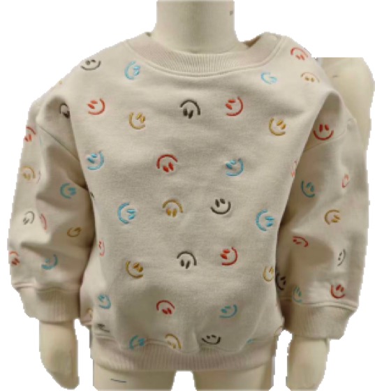 Cream sweatshirt with embroidered smiley faces, toddler mannequin