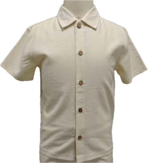 Cream short-sleeve button-up collared shirt on mannequin