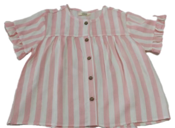 Pink white striped ruffle-sleeve button-front blouse