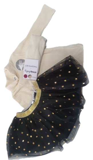 Cream ribbed top with black gold-star tulle tutu skirt set