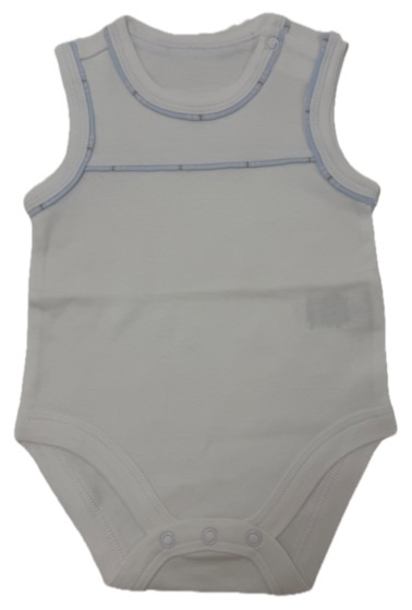 White sleeveless snap-crotch baby bodysuit, blue trim