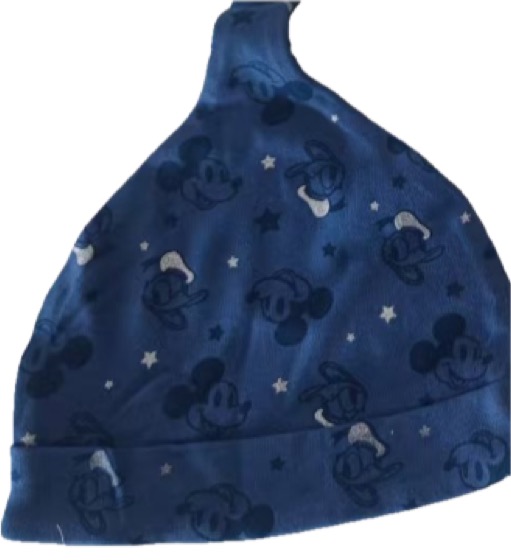 Blue baby knot hat with Mickey and Donald print