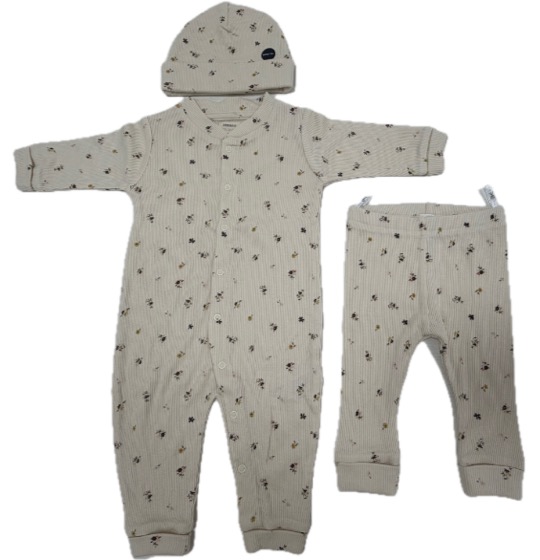 Cream ribbed floral sleepsuit, leggings and hat set