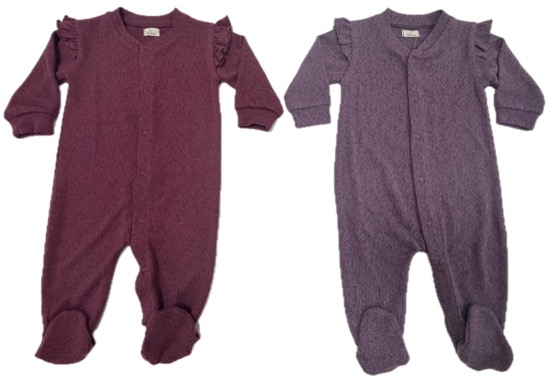 Two footed sleepsuits with ruffle shoulders, burgundy and mauve