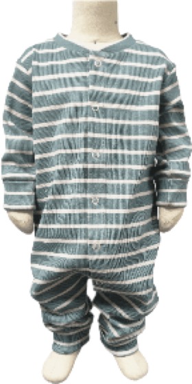 Blue-grey striped button-front footless romper on baby mannequin