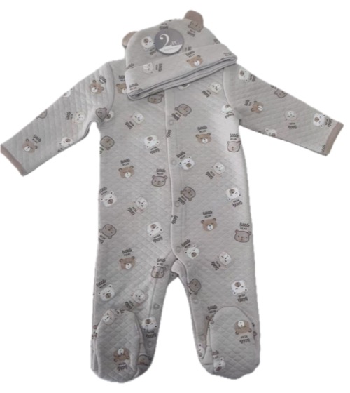 Quilted bear-print footed sleepsuit with matching hat, on hanger