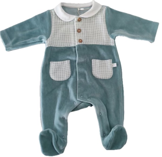 Teal velour footed sleepsuit, gingham chest panel, white collar