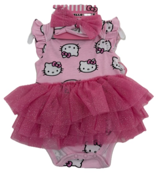 Hello Kitty pink tutu bodysuit with headband on hanger