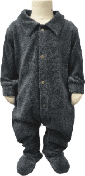 Dark grey fleece collared footed sleepsuit on baby mannequin
