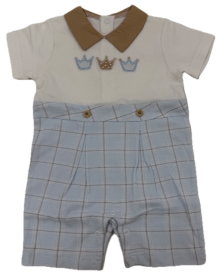 Blue check shortie romper, tan collar, crown embroidery