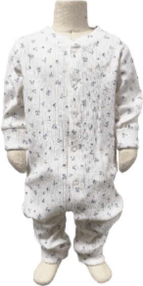 White floral-print button-front romper on baby mannequin