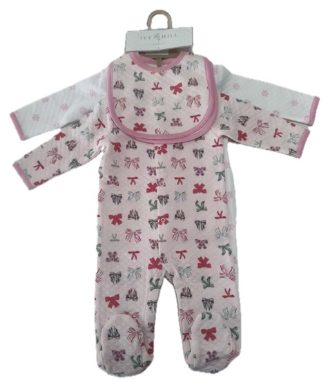 Pink bow-print footed sleepsuit with trim, on hanger