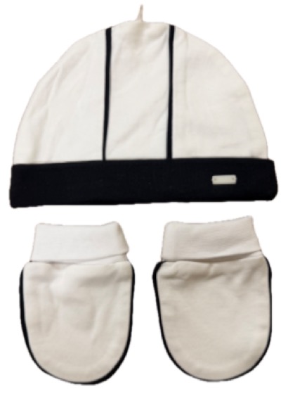 White baby hat and mittens set, navy trim
