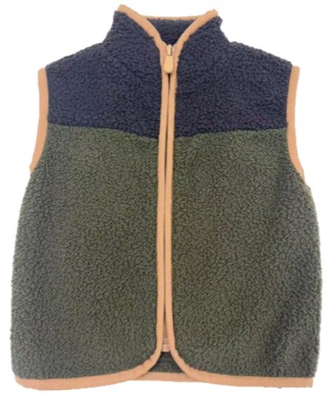 Navy and olive sherpa fleece zip vest, tan trim