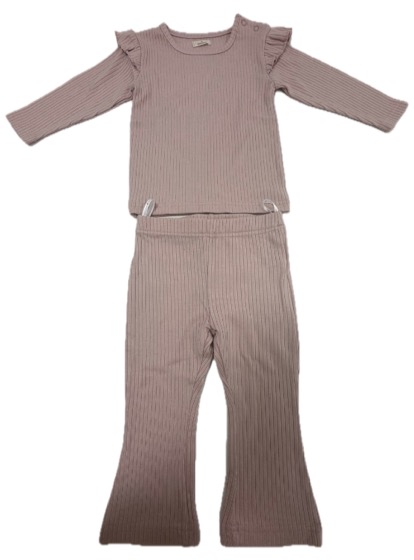 Pink ribbed frill top and flared pants set