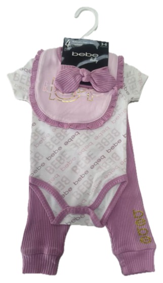 Pink bebe bodysuit, bib and striped pants set