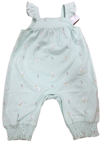 Mint duck-print baby romper with frill straps