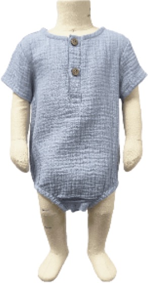 Blue muslin short-sleeve bodysuit on mannequin