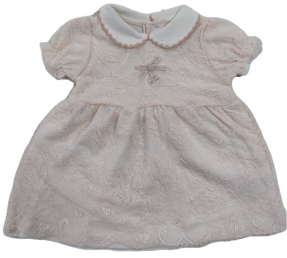 Pink lace baby dress with white collar, short sleeves