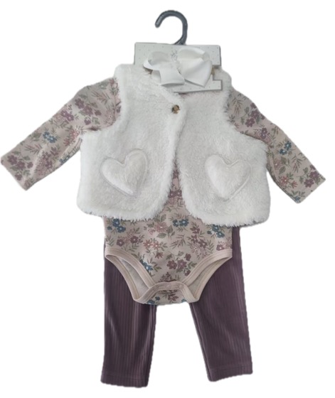 Floral bodysuit, fluffy heart vest, leggings and headband set