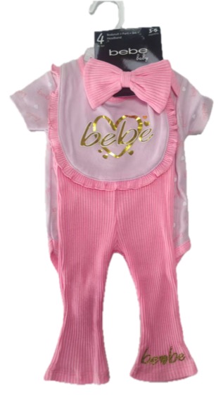 Pink bebe four-piece bodysuit, pants, bib and bow set