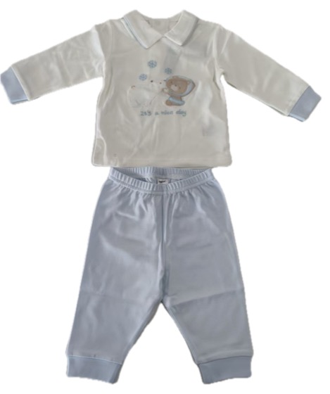 Cream teddy-print top with blue pants baby pyjama set
