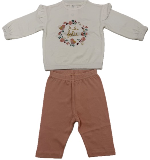 White ruffled floral-wreath top with pink leggings set