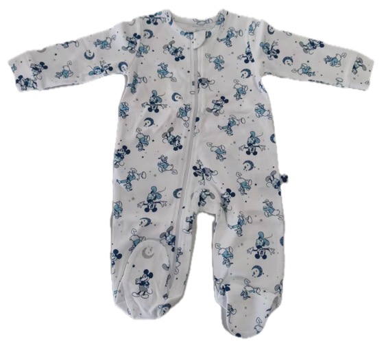 White Mickey Mouse print baby sleepsuit, lying sideways