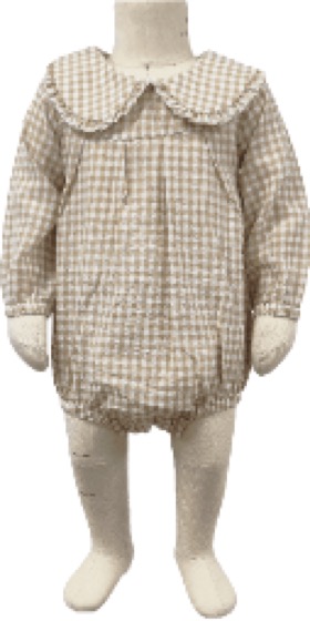 Beige gingham bubble romper with collar on mannequin