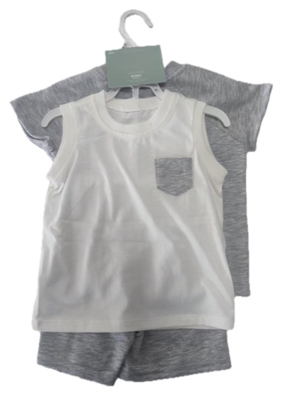 White pocket tee with grey shorts set on hanger