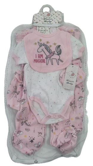 Pink unicorn layette gift set in net bag