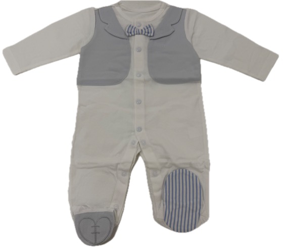 White footed sleepsuit with grey mock vest and bow tie