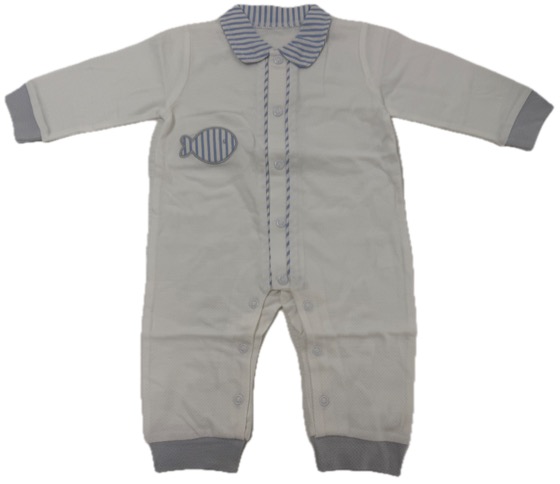 White sleepsuit with striped collar and fish applique