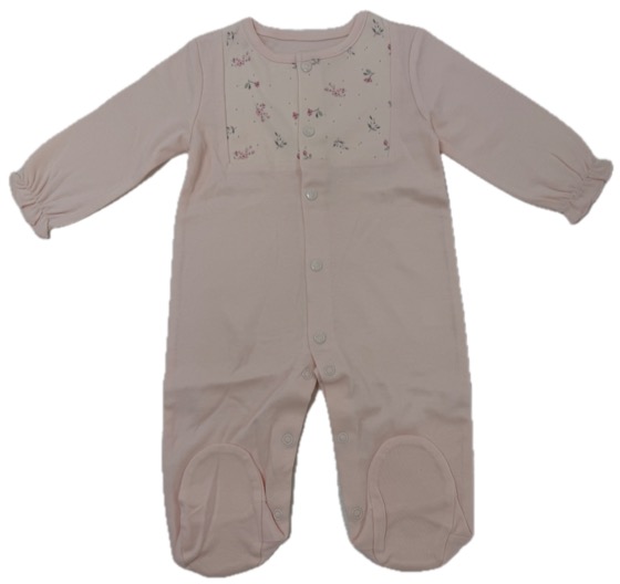 Pale pink footed sleepsuit with floral bib panel