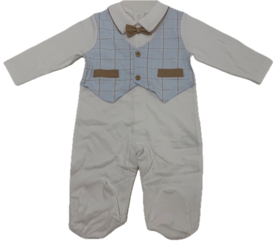 White footed sleepsuit with blue check waistcoat and bow tie