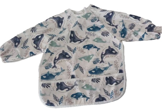 Whale print long-sleeve baby bib smock