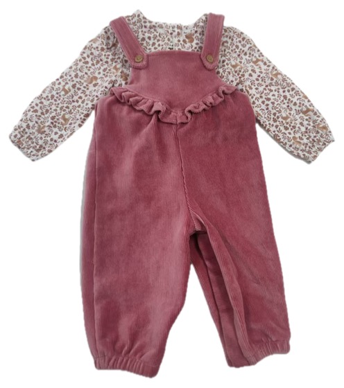 Rose corduroy dungarees with floral print blouse