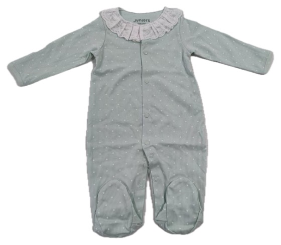 Mint polka-dot sleepsuit with ruffled collar, shown upside down