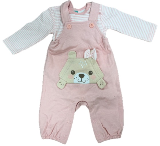Pink teddy face dungaree set with striped top