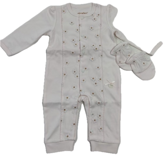 White daisy-embroidered footless romper with booties