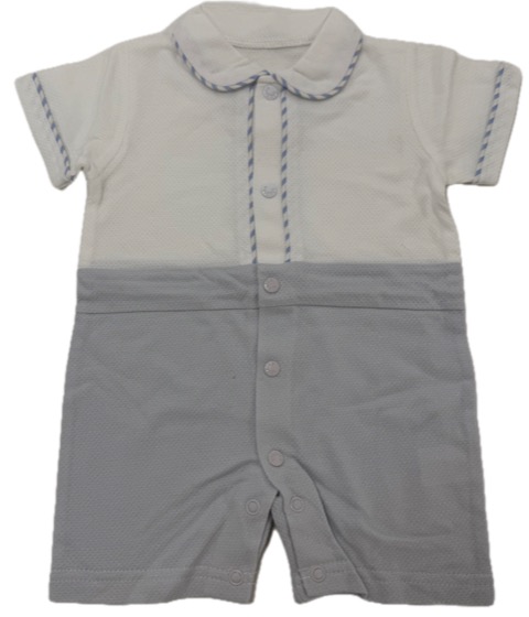 White and blue short-sleeve collared shortie romper