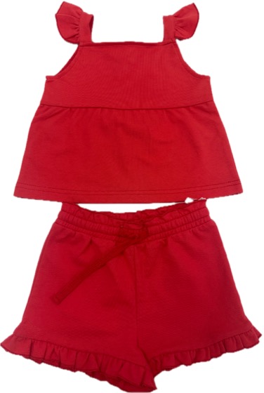Red frill-strap top and ruffled shorts set