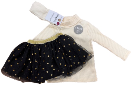 Three-piece set: ribbed top, star tutu skirt, tights