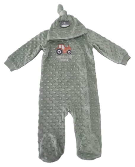 Sage green bubble minky footed pramsuit with tractor motif and hat